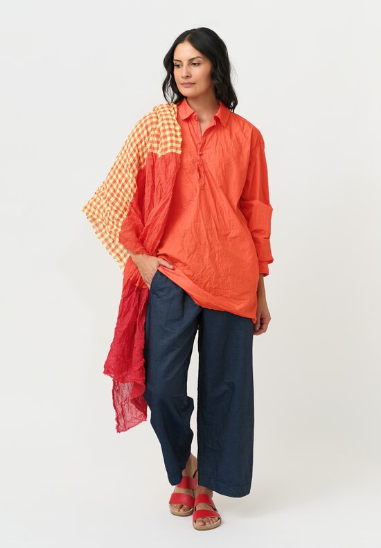 Daniela Gregis Washed Linen Hawaii Gingham Color-Blocked Scarf Red + Orange Mix