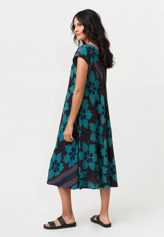 Mieko Mintz Vintage Cotton Voile Kantha Flare Dress in Teal & Red