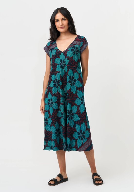 Mieko Mintz Vintage Cotton Voile Kantha Flare Dress in Teal & Red