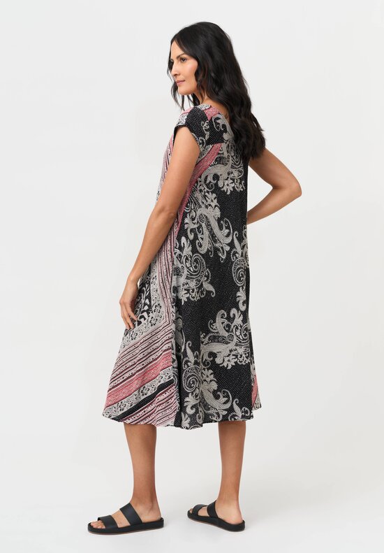 Mieko Mintz Vintage Cotton Paisley Kantha Flare Dress in Red, White & Black