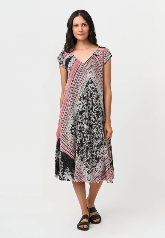Mieko Mintz Vintage Cotton Paisley Kantha Flare Dress in Red, White & Black
