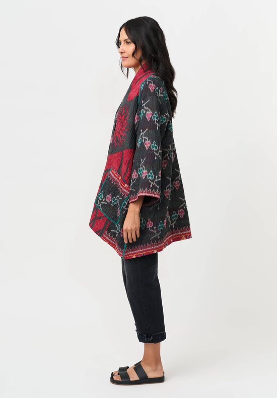 Mieko Mintz Vintage Cotton Kantha A-Line Jacket in Pink, Teal & Black
