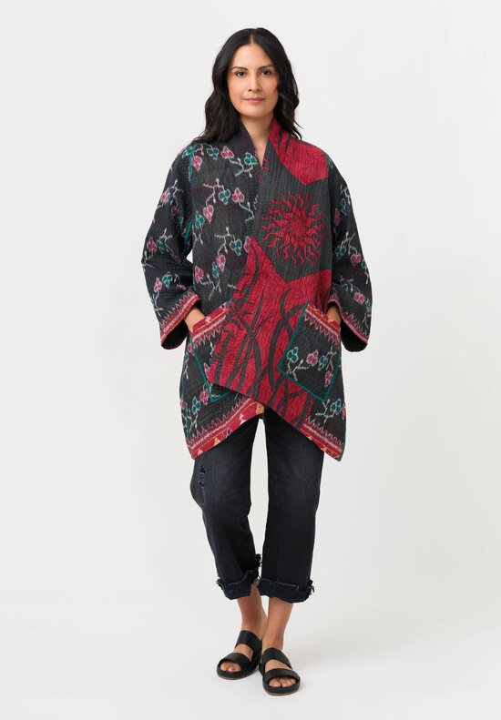 Mieko Mintz Vintage Cotton Kantha A-Line Jacket in Pink, Teal & Black