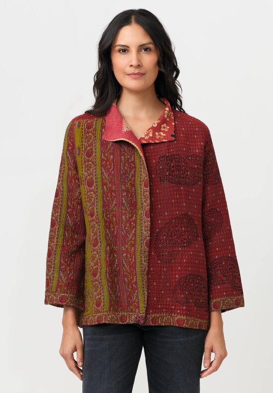 Mieko Mintz Vintage Cotton Kantha Short Jacket in Red & Olive
