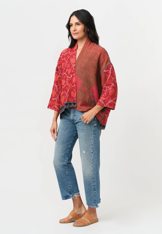 Mieko Mintz Vintage Cotton Mini Kimono Jacket in Red & Brown