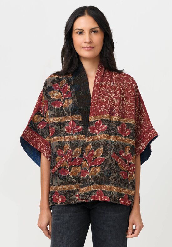 Mieko Mintz Vintage Silk Georgette & Cotton Kantha Mini Poncho Jacket in Rust, Black & Brown