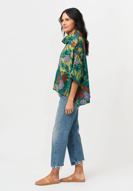 Mieko Mintz Vintage Silk Georgette & Cotton Kantha Poncho in Teal & Lime Green