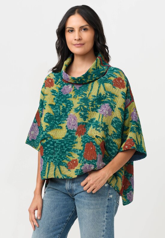 Mieko Mintz Vintage Silk Georgette & Cotton Kantha Poncho in Teal & Lime Green