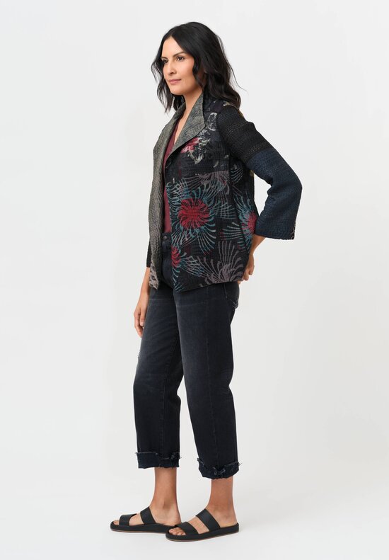 Mieko Mintz Vintage Silk Georgette Jacquard & Patch Kantha Jacket in Black, Blue & Red