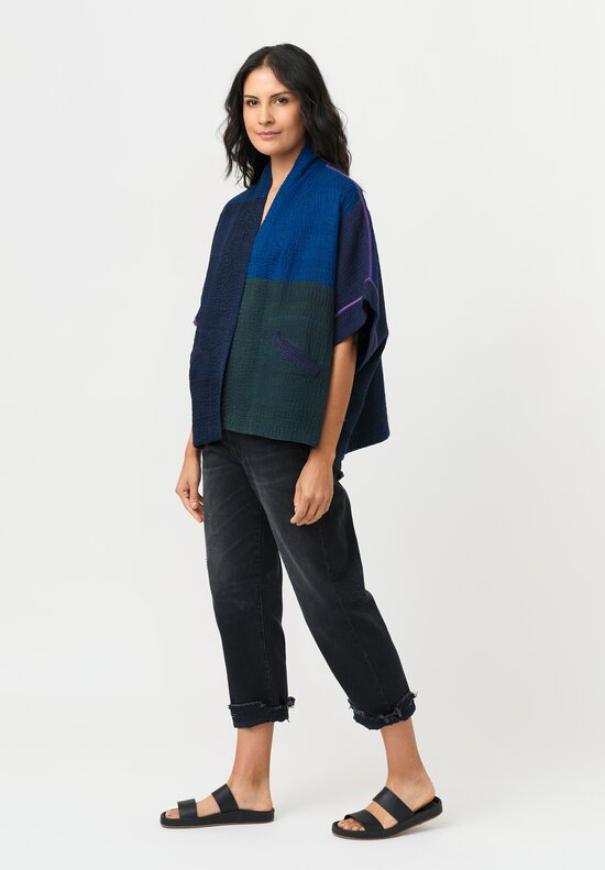 Mieko Mintz Silk & Cotton Jaipur Patch Mini Poncho Jacket in Navy Blue, Green & Plum