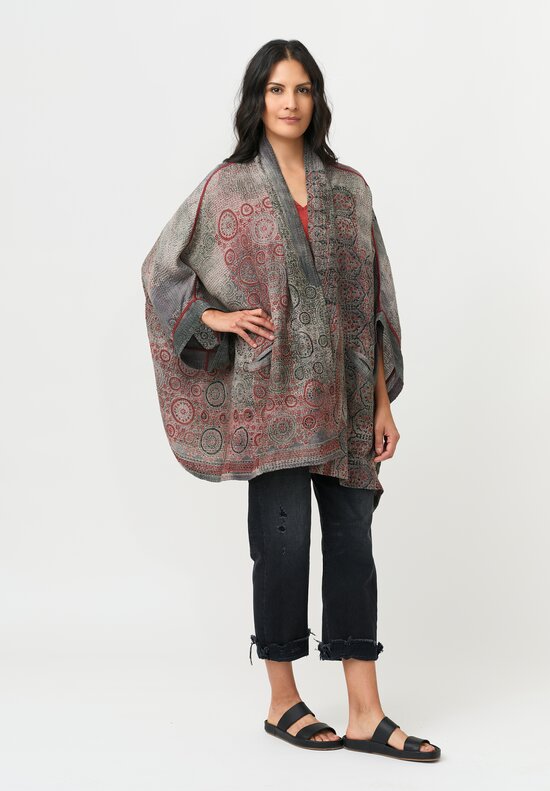 Mieko Mintz Cotton Ajrakh Poncho Jacket in Red & Grey
