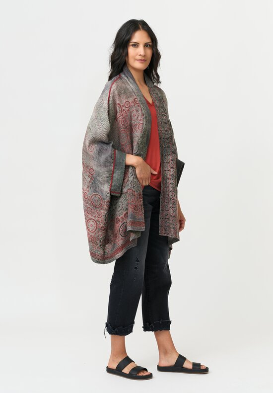 Mieko Mintz Cotton Ajrakh Poncho Jacket in Red & Grey