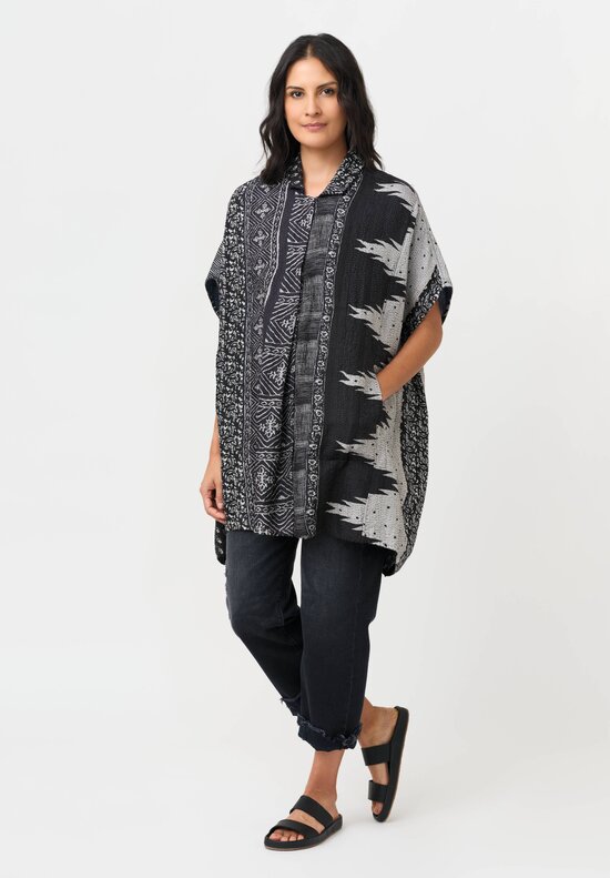 Mieko Mintz Silk & Cotton Kantha Poncho Shirt in Black & Grey