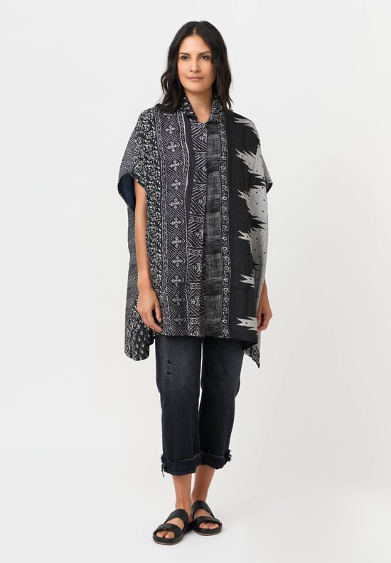 Mieko Mintz Silk & Cotton Kantha Poncho Shirt in Black & Grey