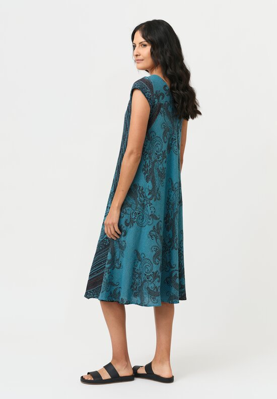 Mieko Mintz Overdyed Cotton Kantha Flare Dress in Teal & Blac