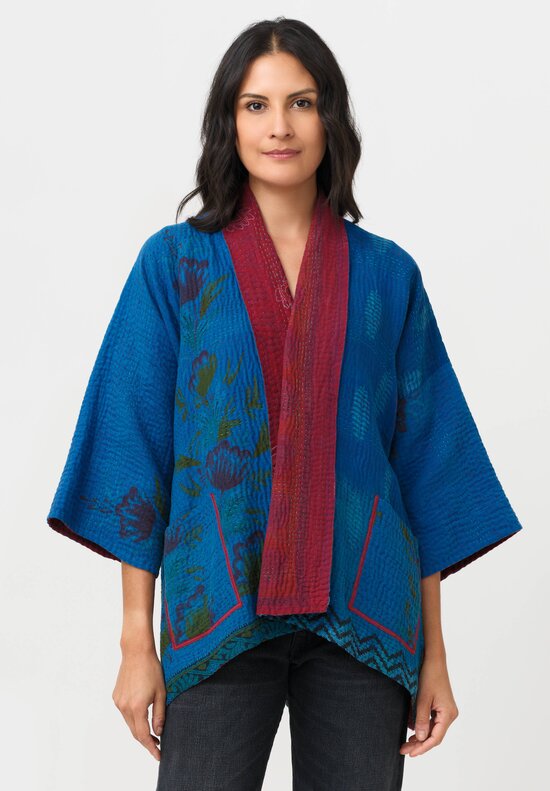 Mieko Mintz Overdyed Cotton Kantha Kimono Jacket in Blue & Red