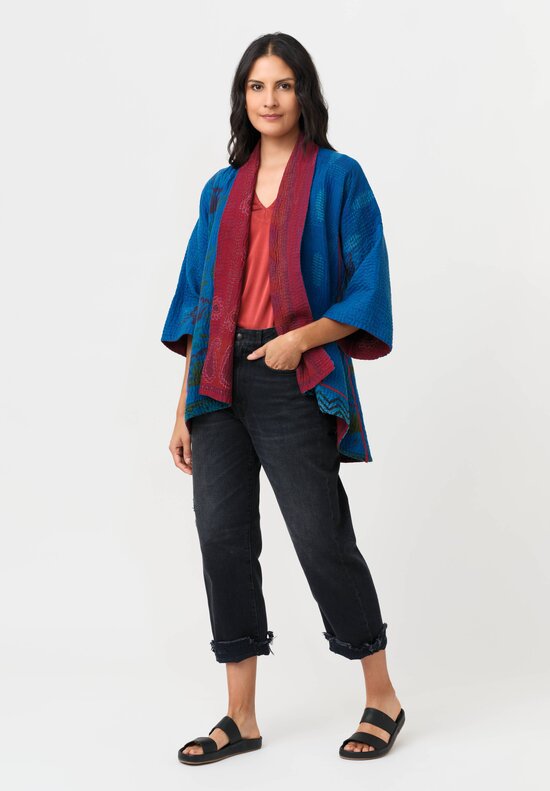 Mieko Mintz Overdyed Cotton Kantha Kimono Jacket in Blue & Red