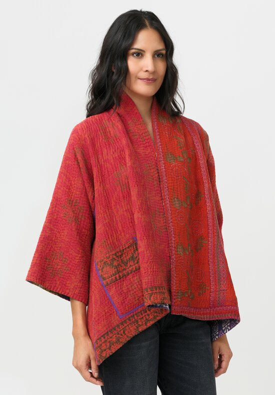Mieko Mintz Overdyed Cotton Kantha Kimono Jacket in Coral, Red & Purple