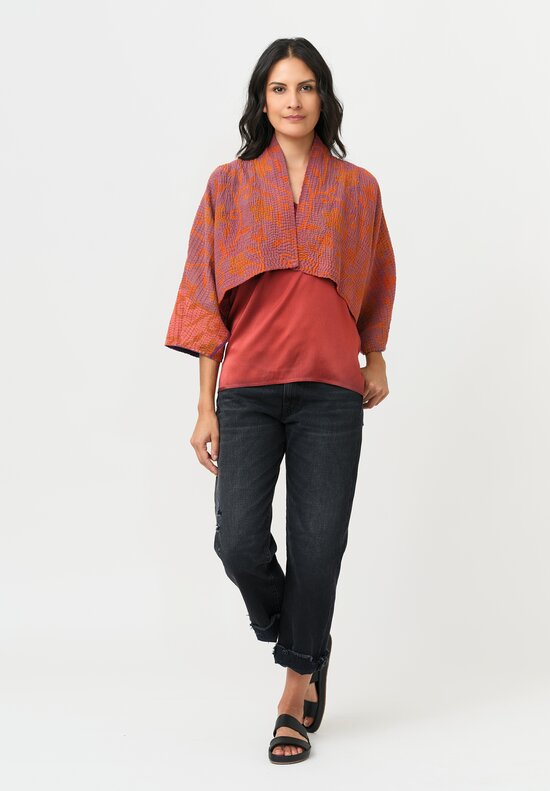 Mieko Mintz Overdyed Cotton Kantha Puff Sleeve Shrug in Orange & Plum