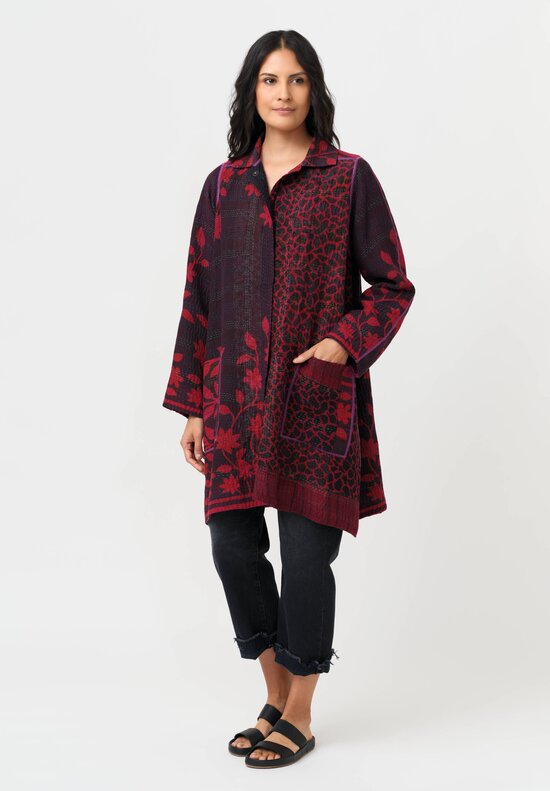 Mieko Mintz Overdyed Cotton Kantha A-Line Duster in Red, Black & Plum