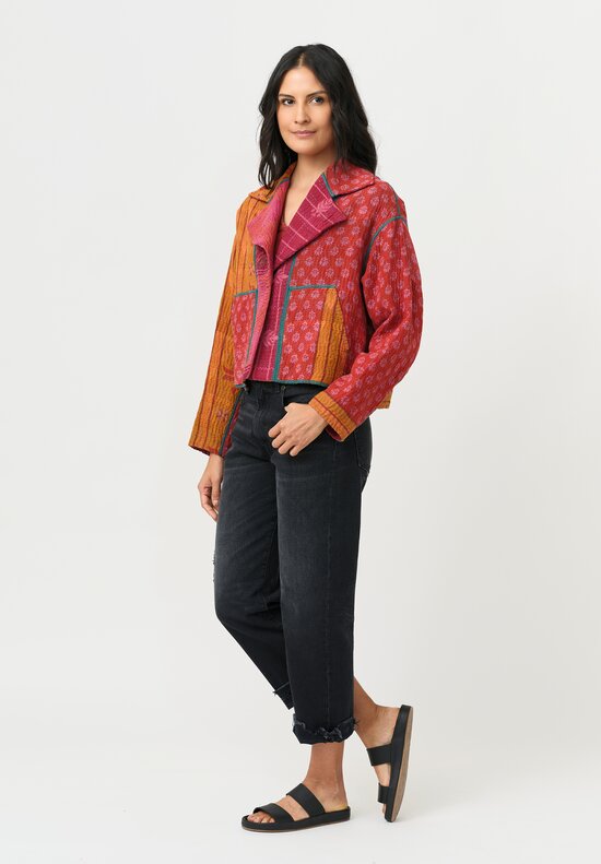 Mieko Mintz Overdyed Cotton Kantha Short Jacket in Pink, Red & Orange