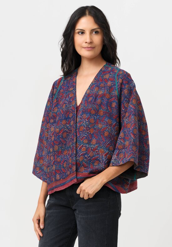 Mieko Mintz Vintage Silk Georgette Kantha Jacket in Red, Blue & Copper