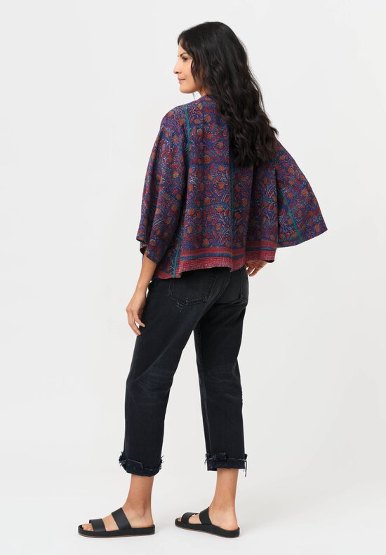 Mieko Mintz Vintage Silk Georgette Kantha Jacket in Red, Blue & Copper
