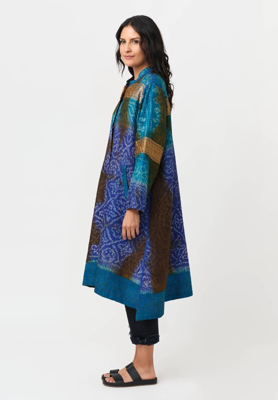 Mieko Mintz Vintage Silk Jacquard & Clamp Dyed Kantha Kaftan Coat in Teal, Gold & Plum