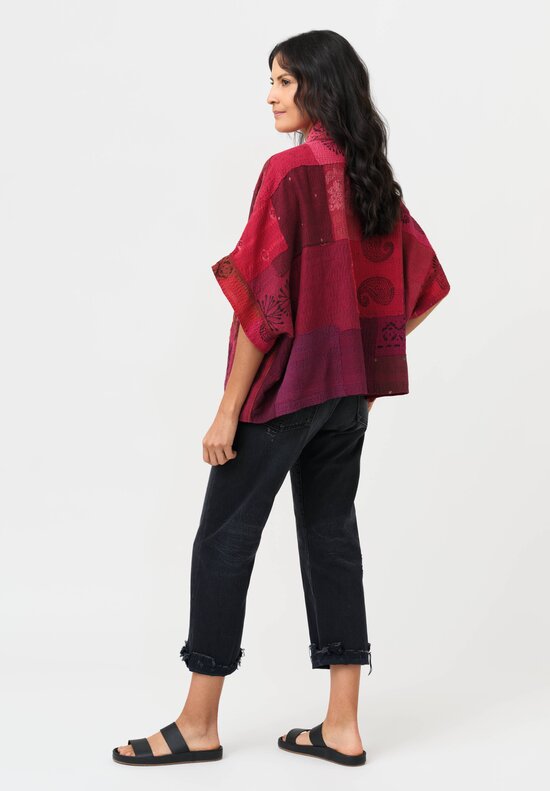 Mieko Mintz Frayed Patch Kantha Mini Poncho Jacket in Coral, Red & Plum