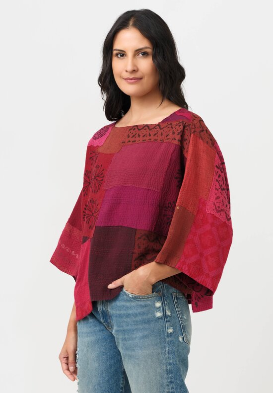 Mieko Mintz Mio Cotton Frayed Patch Kantha Crop Top in Rose, Pink & Plum