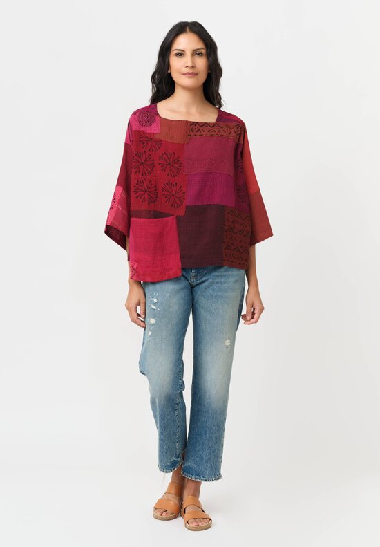 Mieko Mintz Mio Cotton Frayed Patch Kantha Crop Top in Rose, Pink & Plum