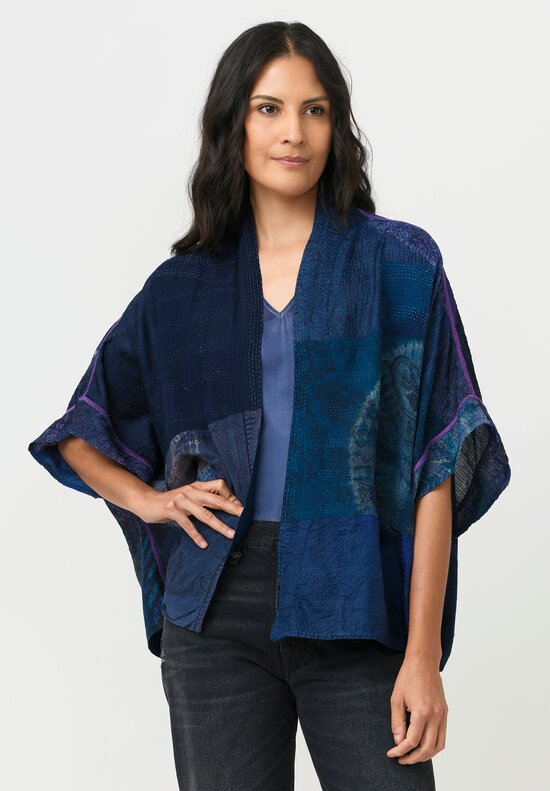 Mieko Mintz Vintage Silk Georgette Kantha Mini Shibori Dyed Poncho Jacket in Navy Blue, Teal & Plum