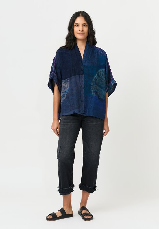 Mieko Mintz Vintage Silk Georgette Kantha Mini Shibori Dyed Poncho Jacket in Navy Blue, Teal & Plum