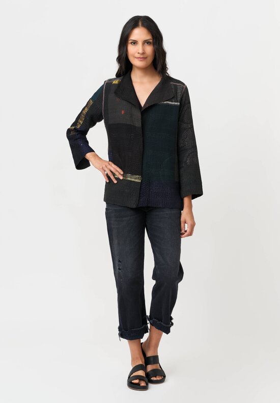 Mieko Mintz Cotton & Silk Brocade Patch Jacket in Grey & Blue