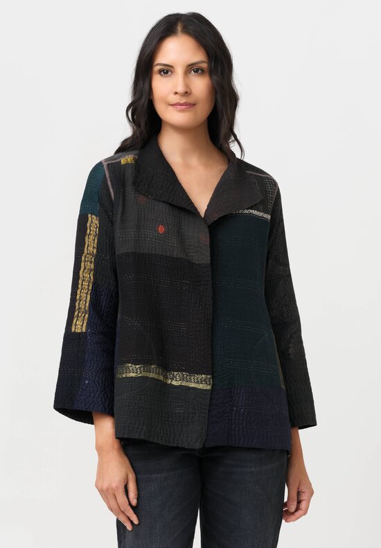 Mieko Mintz Cotton & Silk Brocade Patch Jacket in Grey & Blue