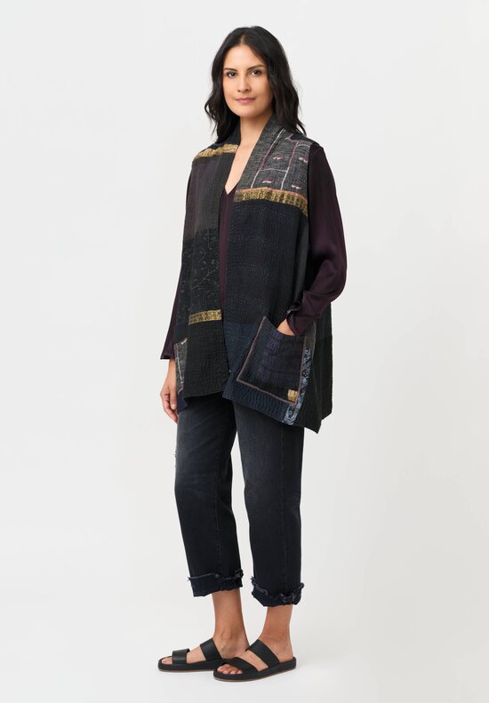 Mieko Mintz Cotton & Silk Patch Kantha Kimono Vest in Grey & Black