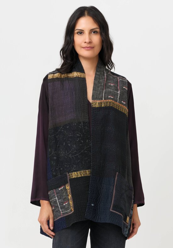 Mieko Mintz Cotton & Silk Patch Kantha Kimono Vest in Grey & Black