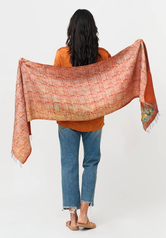 Mieko Mintz 2-Layer Vintage Silk Kantha Standard Scarf Burnt Orange, Rust, Cream