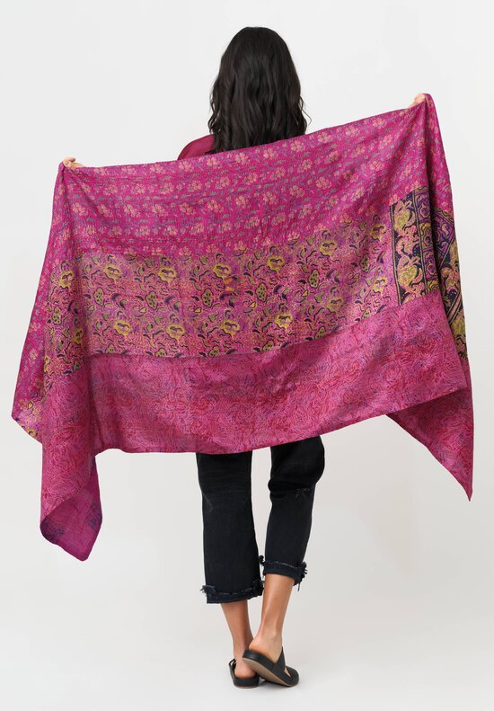 Mieko Mintz 2-Layer Vintage Silk Kantha Large Shawl Magenta, Green, Black