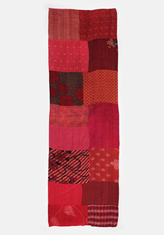 Mieko Mintz Vintage Silk Georgette Patch Kantha Shawl in Red, Magenta & Coral