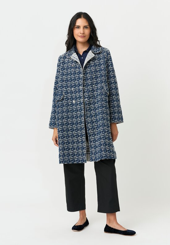 Péro Double Breasted Coat in Woven Tweed Navy & White