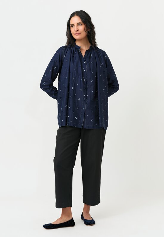 Pero Silk French Knot Edged, Gathered Band Collar & Mixed Button Blouse