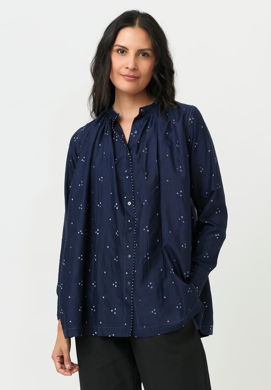 Pero Silk French Knot Edged, Gathered Band Collar & Mixed Button Blouse
