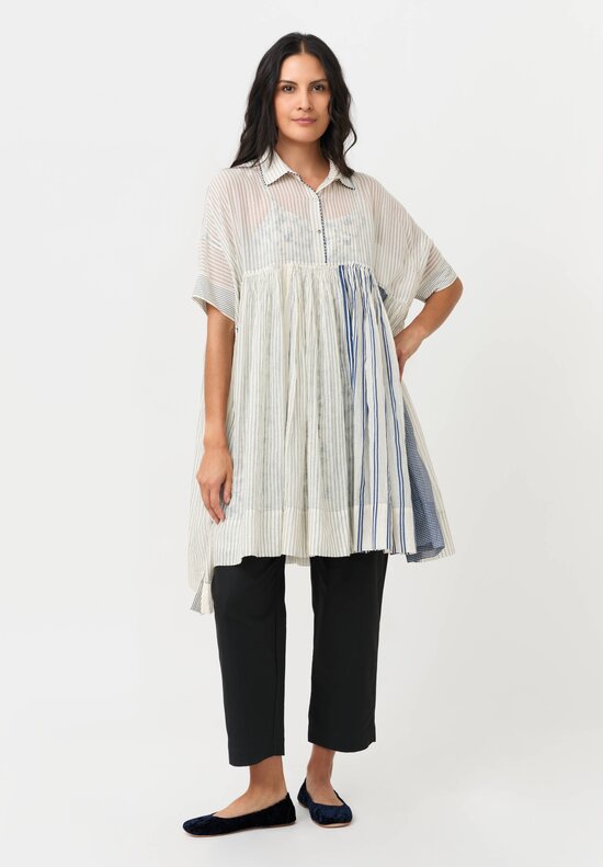 Péro Silk & Cotton Button Down Tunic in White & Blue