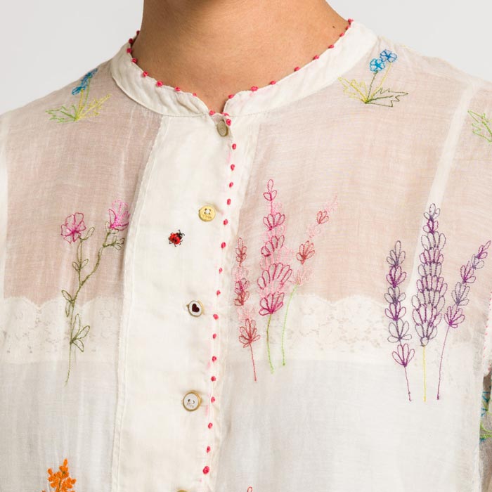 Péro by Aneeth Arora Embroidered Floral Sheer Top in Natural