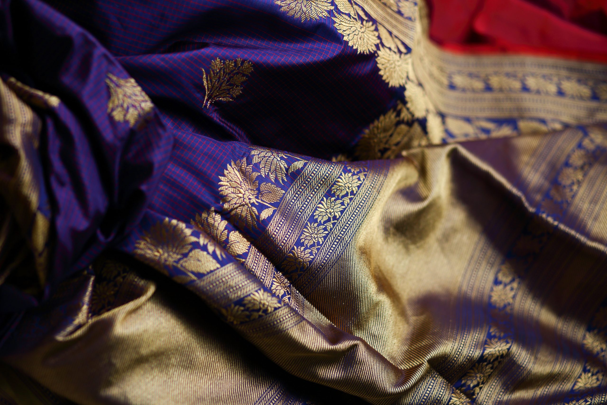 violet and gold threaded sari
