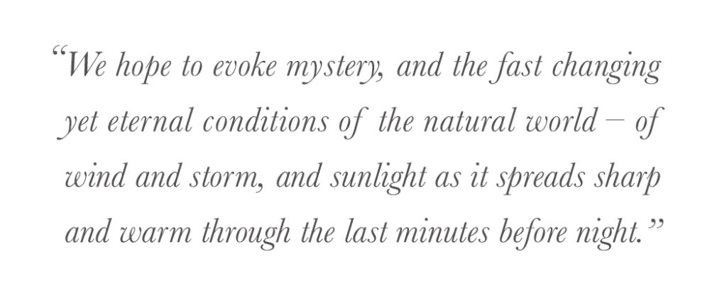 "We hope to evoke mystery, and the fast changing yet eternal conditions of the natural world – of wind and storm, and sunlight as it spreads sharp and warm through the last minutes before night.” - todd pownell