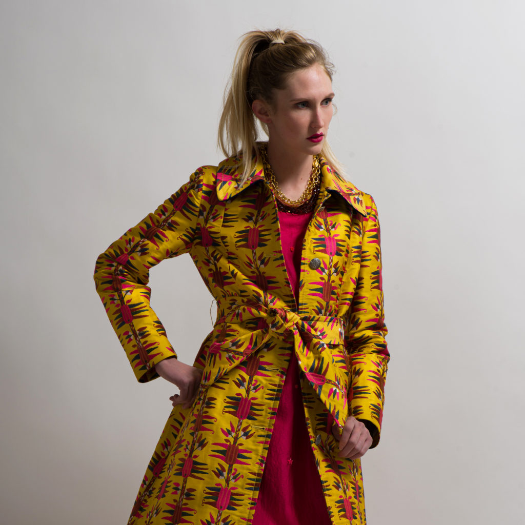 Pero Long Beaded Flower Dress in Bright Pink and Etro Belted Floral Pattern Coat in Yellow