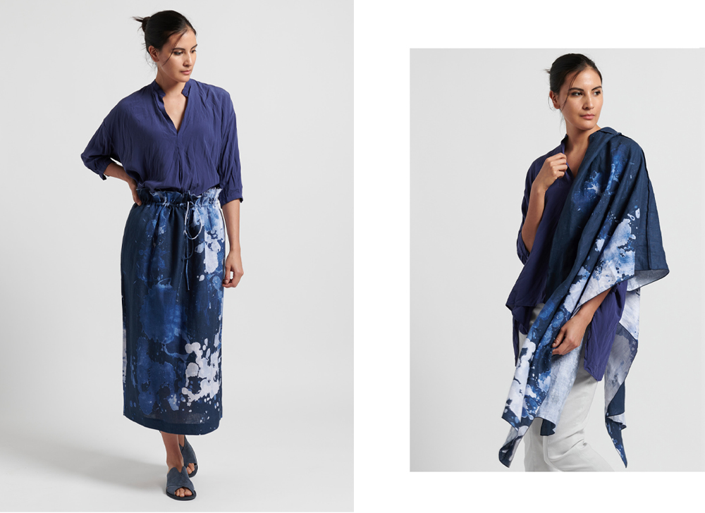 Left Replika: Linen Splatter Print Drawstring Skirt in Blue, Right: Replika Linen Splatter Print Rectangle Scarf in Blue