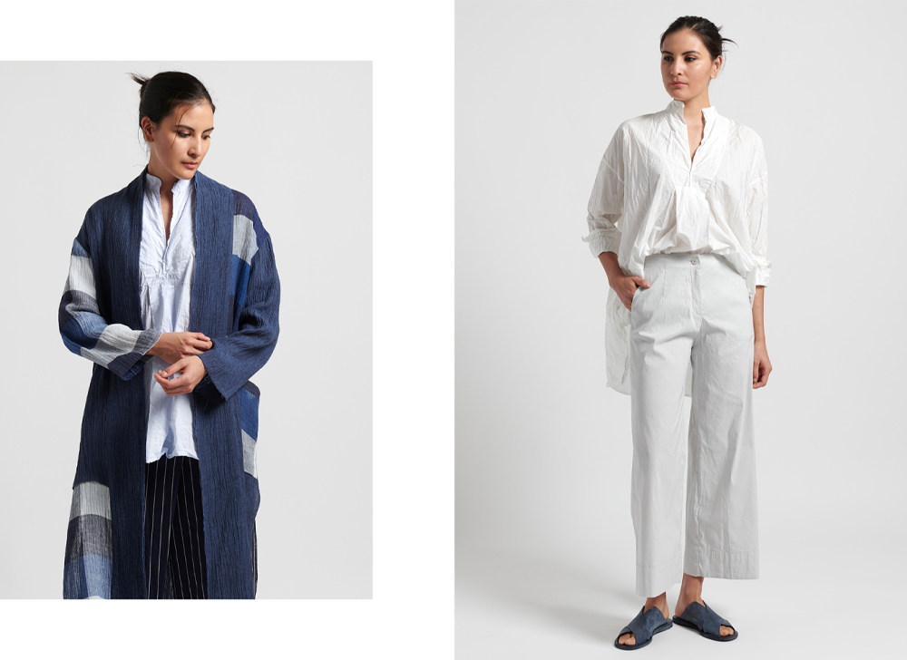 Left: Linen Patchwork Duster in Blue, Right: Peter O Mahler Stretch Linen Wide Leg Pants in Shell